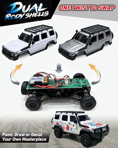 ARRIS 1/43 Desktop RC Crawler 4WD with Full Proportional Control | Smart App Control, Independent Suspension, Two Body Shells, LED Lights, Mini Trail Fun - color: Grey