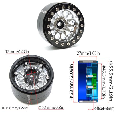 Rc 1.9 Inch Beadlock Wheel Negative Offset 8mm Aluminum Wheel Rim Hex 12mm for 1/10 RC Crawler Axial SCX10 TRX4 VS4-10 Gen8 MST CFX 4PCS (Silver Black) DK1908 - color: Silver Black