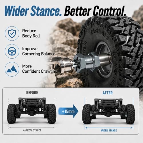 4PCS 12mm Hex Hub 15mm Aluminum Extension Hex for Axial SCX10 D90 90046 | 15mm CNC Wheel Hex Extenders for 1/10 RC Crawlers Redcat Gen7/Gen8 CC01 RC4WD Wider Stance & Tire Clearance with M4 Nuts Pins - color: Titanium