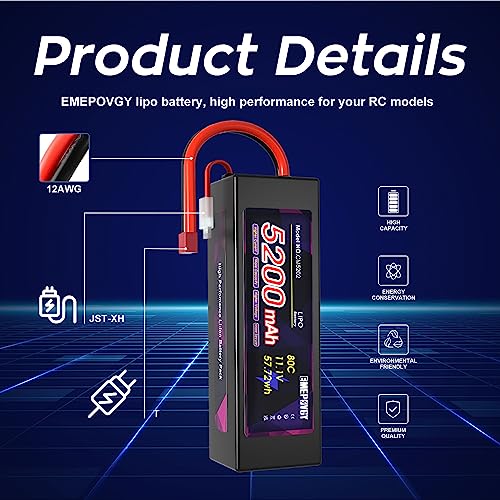 11.1V Lipo Battery 3S 5200mAh 80C Lipos Hard Case with T Connector for RC Car Trucks 1/8 1/10 RC Vehicles - color: T