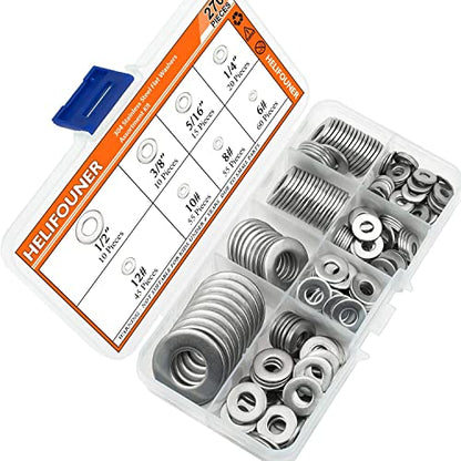 HELIFOUNER 270Pieces 8 Sizes Stainless Steel Flat Washers Assortment Kit, 1/2 3/8 5/16 1/4 12# 10# 8# 6#