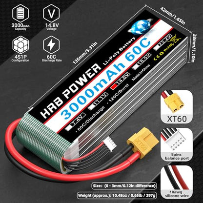 HRB Power 4S 3000mAh Lipo Battery XT60 14.8V 60C Compatible with RC Plane