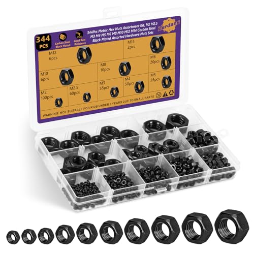 344Pcs Metric 10 Sizes Black Zinc Hex Nut Assortment Carbon Steel | M2 M2.5 M3 M4 M5 M6 M8 M10 M12 M14,High Strength, Corrosion Resistant, For Automotive & Household, Storage Case Included. - size: 344Pcs M2-M14 Black