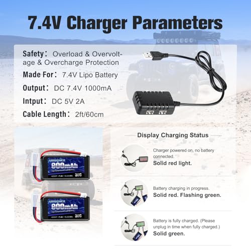 SCX24 Battery 7.4V Lipos 2S 30C(Burst 60C) 900mAh Rechargeable Lithium Battery with PH2.0 Plug Compatible with Most 1/10, 1/16, 1/18, 1/24 Scale RC Cars Trucks with 1TO2 USB Charger