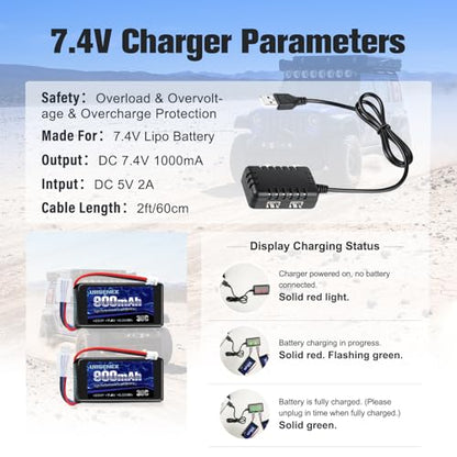SCX24 Battery 7.4V Lipos 2S 30C(Burst 60C) 900mAh Rechargeable Lithium Battery with PH2.0 Plug Compatible with Most 1/10, 1/16, 1/18, 1/24 Scale RC Cars Trucks with 1TO2 USB Charger