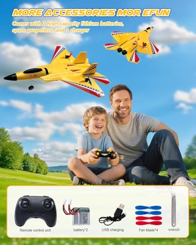 ANTSIR F22 RC Plane Jet Easy to Fly Foam RC Glider for Kids, Yellow | 2CH, RTF, 2.4GHz, Smart Gyro Stabilizer, LED Lights, 2 Rechargeable Batteries, Toy Gift for Boys Girls Beginners 8-16 - color: Yellow F22-2 Batteries