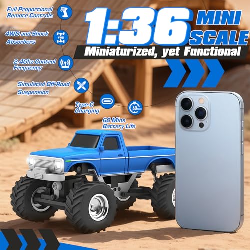 [2026 Upgrade 1/36 Mini RC Crawler, 4WD Micro Off Road Truck | Blue Micro RC Crawler, 1/36 RC Crawler Mini RC Truck Toys for Ages 8-14, Birthday Gifts for Boys Girls, RTR 2.4GHz - color: Blue