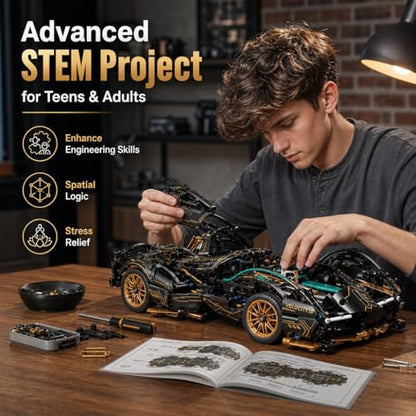 RC Car Building Kit, 1:14 App Control Car Kit with LEDs | car kit with 975 pieces, LED lights, motorized functions, and dual control; built for collection, display, gifting.
