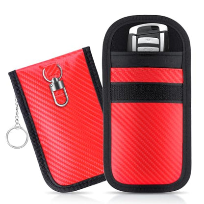 JUSTTOP 2-Pack Faraday Pouch for Car Keys, Faraday Key Fob Protector, 3.15"X5.12" Double-Layer Carbon Fiber Material Anti-Theft Faraday Bag | Car RFID Signal Blocking Holder (Red) - size: Small-Red