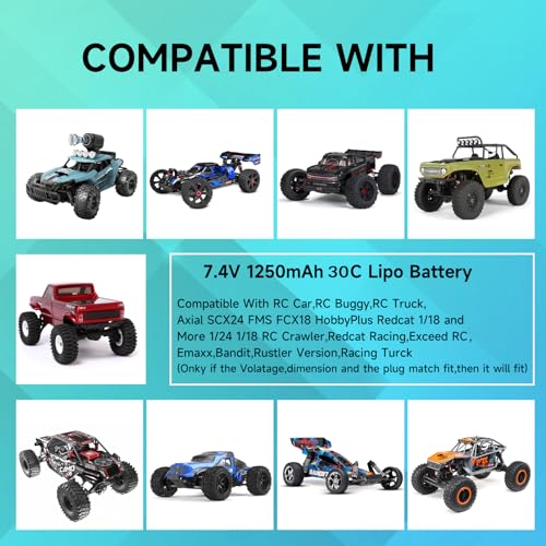 7.4V Lipo Battery 2S 30C 1250mAh with JST&PH2.0&MX2.0&SM2.0 Plug Connector and USB Charger for SCX24 CR18P FCX18 FCX24 RC Crawler WLtoys A949 K929 and 1/10, 1/16, 1/18, 1/24 RC Car/Boat/Airplane