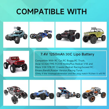 7.4V Lipo Battery 2S 30C 1250mAh with JST&PH2.0&MX2.0&SM2.0 Plug Connector and USB Charger for SCX24 CR18P FCX18 FCX24 RC Crawler WLtoys A949 K929 and 1/10, 1/16, 1/18, 1/24 RC Car/Boat/Airplane