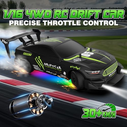 RC Drift Car 1/16 Scale 2.4Ghz 4WD Remote Control Car With Spray & Led Lights, 30+KM/H High Speed RC Drag Car, Racing Sport Toy Cars for Adults Boys Girls Kids Gift 2Pcs Rechargeable Battery - color: Black-g