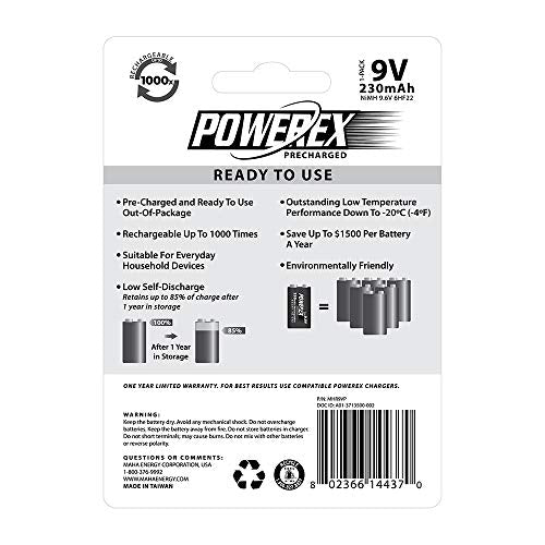 Powerex Low Self-Discharge Precharged 9V(9.6V) Rechargeable NiMH Batteries (MHR9VP), 1-pack - size: 1 Count (Pack of 1), style: 9V(9.6V)