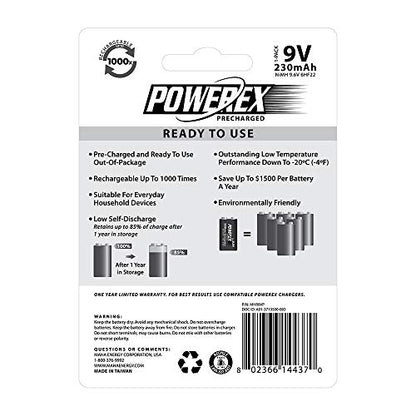 Powerex Low Self-Discharge Precharged 9V(9.6V) Rechargeable NiMH Batteries (MHR9VP), 1-pack - size: 1 Count (Pack of 1), style: 9V(9.6V)