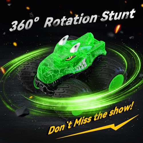 AUUGUU Remote Control Car, 2.4GHz Monster Trucks Toys with Light Spray, Birthday Gift for Kids 3 4 5 6 7 8, All Terrain RC Cars, Toddler Toys for Boys Girls 3+ Year Old (Dinosaur-Green) - style: Dinosaur-green