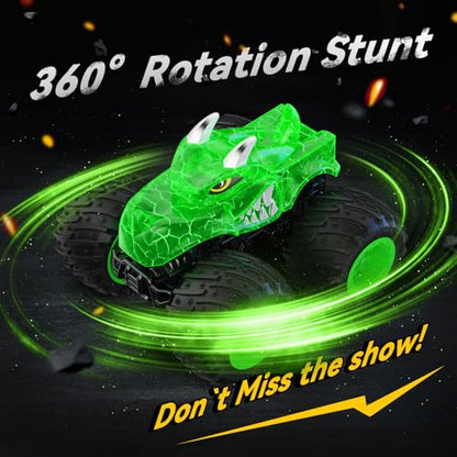 AUUGUU Remote Control Car, 2.4GHz Monster Trucks Toys with Light Spray, Birthday Gift for Kids 3 4 5 6 7 8, All Terrain RC Cars, Toddler Toys for Boys Girls 3+ Year Old (Dinosaur-Green) - style: Dinosaur-green