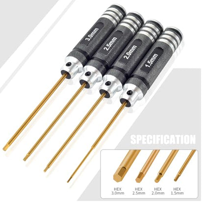 1.5mm 2.0mm 2.5mm 3.0mm Titanium Plated Ti Coated Hex Diver Set | 4PCS Hex Wrench Screwdriver Tools RC Tool Kit for RC Racing Drone, Quadcopter, Helicopter RC Car Models