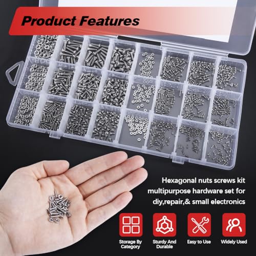 1110Pcs 304 Stainless Steel Tiny＆ Small Screws, Metric Micro Screw Nuts | M1 M1.2 M1.4 M1.6 M2 M2.5 Sizes, Phillips Pan Head, RC Models, Electronics, Watch, Glasses, and DIY Repairs.