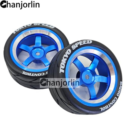 1/10 On Road Racing Tires And 5-Spoke Aluminum Wheels 12mm Hex OD 2.56" RC Touring Tyres For 1:10 Rally Street Drift Car Tamiya TT01 TT02 XV01 A959 PTG2 KYOSHO HSP Traxxas 4PCS (Blue) - color: Blue