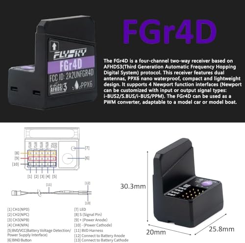 Flysky FGr4D Receiver 4CH Receiver 2.4G AFHDS3 for FS-NB4/PL18/EL18 | AFHDS 3 Protocol, 4‑channel Two‑way, 4 Newport Ports: i‑BUS2/S.BUS/i‑BUS/PPM, PPX6 Nano Waterproof, For NB4/PL18/EL18