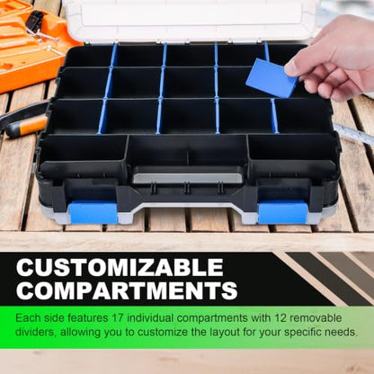 Tool Box with Transparent Lid, 2 Pack Hardware Organizer Box | Double Side 34 Compartments Hardware Organizers with Removable Plastic Dividers for Screws Nuts Nails, Small Parts Box - color: Blue