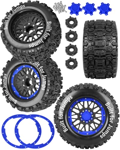 1/8 1/10 17mm Hex RC Truck Tires,Wheels and Tires for 1/10 E-Revo T-Maxx Summit,1/8 Kraton Outcast 6S,Sledge,Buggy Rubber Tyres and Rims w/Foam Insert for RC Off-Road Car,Black-Navy Blue - color: Black&navy Blue(4pcs)