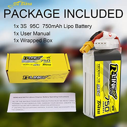 TATTU R-Line 3S Lipo Battery Pack 750mAh 11.1V 95C with XT30 Plug for FPV Racing Quadcopter from Size 100 to 180