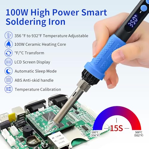 Soldering Iron Kit, 100W High Power LCD Soldering Iron, 2 Helping Hands Soldering, Flux, Iron Tips, Tin Wires, Solder Sucker, Tweezers. °C/℉ Conversion, Auto Sleep，Temperature Calibration - color: Blue (11-in-1 Soldering Iron Kit)