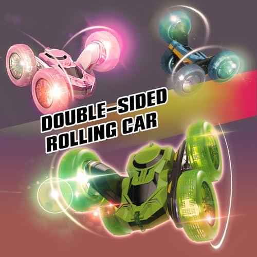 Remote Control Car, RC Stunt Car, 2.4GHz 4WD RC Cars with LED Lights, Double-Sided Driving, 360° Flips Rotating, 2 Rechargeable Batteries (Green) - color: Green, size: 2 Batteries