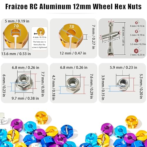 Aluminum 12mm Hex Wheel Hub 4Pcs w/Axle Pin M4 Flange Lock Nut Standard M3 M4 Nut 7mm Thickness Wheel Drive Adapter for 1/10 Traxxas HSP Redcat Rc4wd Tamiya Axial SCX10 WLtoy RC Car(25Pcs) - color: Gold, size: 7.0