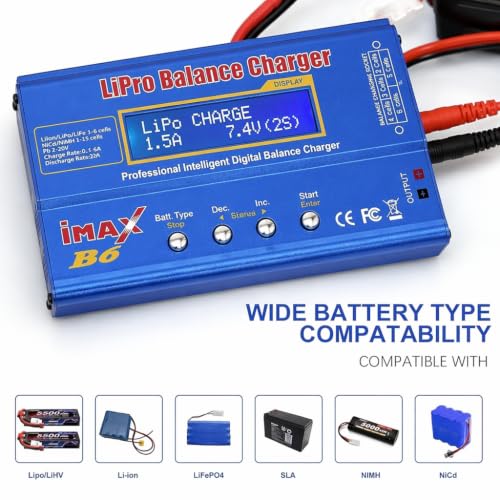B6 Battery Balance Charger 80W Mini Lipo Charger Discharger for NiMH/NiCd (1-15S) LiPo/Li-ion/Life Battery (1-6S) RC Hobby Batteries Balance Charger with AC Power Supply