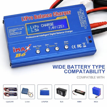 B6 Battery Balance Charger 80W Mini Lipo Charger Discharger for NiMH/NiCd (1-15S) LiPo/Li-ion/Life Battery (1-6S) RC Hobby Batteries Balance Charger with AC Power Supply