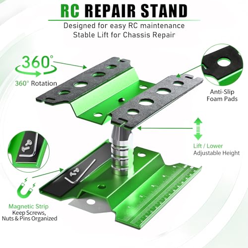 RC Car Repair Work Stand Lift Lower Adjustable Workstation Aluminum 360 Degree Rotation for 1/8 1/10 1/12 RC Car Traxxas Slash TRX4 Arrma Axial SCX10 Losi Redcat Wltoys RC Crawler Monster Truck Buggy - color: Lift Lower Green