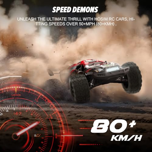 Hosim Mini 1:8 Brushless RC Cars for Adults, VEXARO 50+MPH Fast RC Trucks | 3660 3100KV Brushless Motor & 80A ESC, 2* 2600mAh 3S Lipo, Chrome Steel Central Transmission, All-Metal Oil-filled Shocks - color: Red