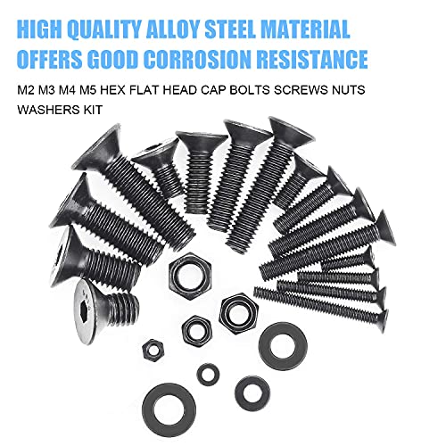 DYWISHKEY 1220 Pieces M2 M3 M4 M5, 10.9 Grade Alloy Steel Hex Flat Head Cap Bolts Nuts Washers Assortment Kit with Hex Wrenches - color: oxide black