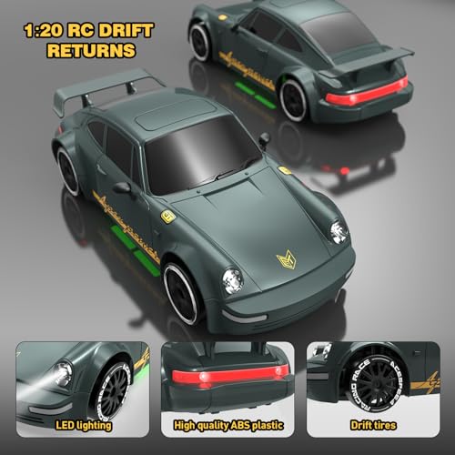 Remote Control Car RC Drift Car 2.4GHz 1:20 Scale 4WD 20KM/H High Speed Remote Control Cars with LED Lights Drifting Tire 2Pcs Rechargeable Batteries Toy Cars for Adults Boys Girls (Gray Green) - color: Gray Green
