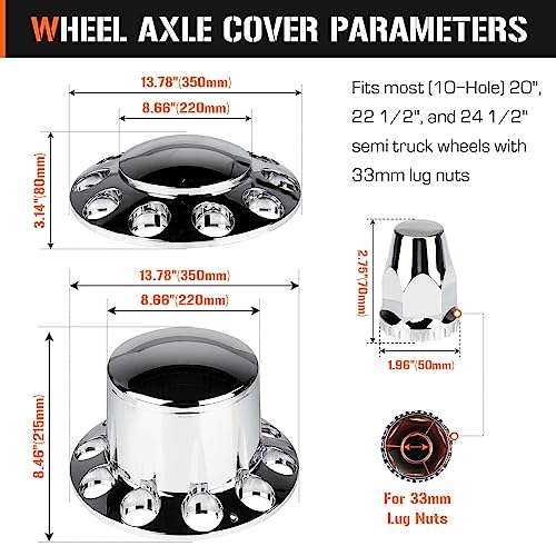 Aeagle Dome Axle Cover Combo Kits for Semi Truck Hubs w/Screw-On 33mm Lug Nut, ABS Plastic Chrome Plated, 2 Front & 4 Rear, 10 Hole Removable Caps, 6Pcs - color: Front & Rear Dome