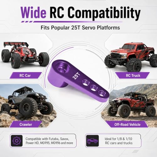 2PCS 25T Aluminum Servo Horn, 3-Hole RC Steering Arm for Futaba Savox MG995 | CNC Aluminum Servo Arm M3 Thread Adjustable Linkage 12mm 16mm 20mm Positions 1/8 1/10 RC Power HD MG996 Crawler Buggy Truck - color: Purple