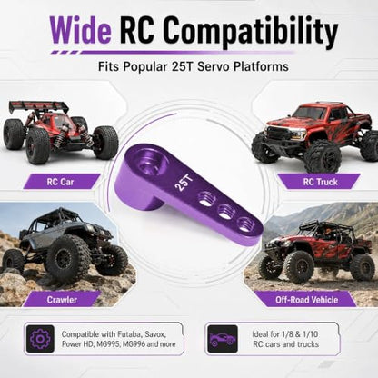 2PCS 25T Aluminum Servo Horn, 3-Hole RC Steering Arm for Futaba Savox MG995 | CNC Aluminum Servo Arm M3 Thread Adjustable Linkage 12mm 16mm 20mm Positions 1/8 1/10 RC Power HD MG996 Crawler Buggy Truck - color: Purple