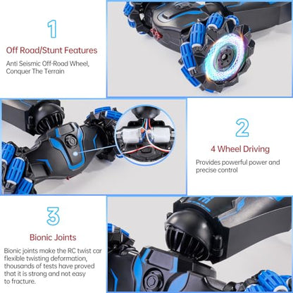 4WD Remote Control Gesture Sensor Car, Double-Sided Rotating 360° Flips Drift, with Lights Music, RC Stunt Twist Car Birthday Presents for 5-12 Kids (Blue) - color: L-blue