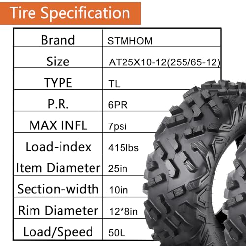 Set of 2 ATV Tires 25x10-12 All Terrain Tire, 25x10-12 Atv Tire 6PR Sand Mud Off-Road Tires, Tubeless - size: 25x10-12 6PR