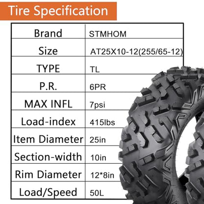 Set of 2 ATV Tires 25x10-12 All Terrain Tire, 25x10-12 Atv Tire 6PR Sand Mud Off-Road Tires, Tubeless - size: 25x10-12 6PR