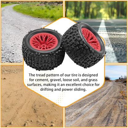Pre-Glued 1/16 & 1/18 RC Monster Truck Tires, Soft Rubber Tire and Nylon Wheels Rims with 12mm hex Compatible with ARRMA 1/18 Granite/Typhon Grom, WLtoys A949, MJX Hyper Go H16 RC Buggy, 4PCS (Red) - color: Red