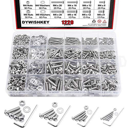 DYWISHKEY 1220 PCS M2 M3 M4 M5, 304 Stainless Steel Hex Button Head Cap Bolts Screws Nuts Washers Assortment Kit with Hex Wrenches - color: silver