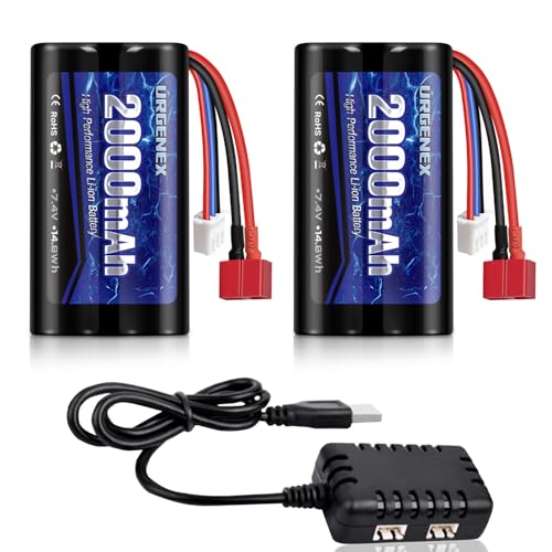 Li-ion Battery 7.4V 2000mAh with Dean-Style T Plug 2S Rechargeable RC Battery Fit for WLtoys 4WD High Speed RC Cars and Most 1/10, 1/12, 1/16 Scale RC Cars Trucks with 1TO2 USB Charger