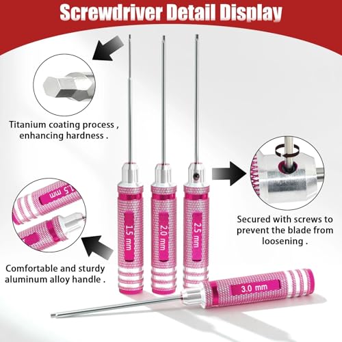 RC Hex Driver Set 1.5mm 2.0mm 2.5mm 3.0mm, Precision RC Screwdriver Tool Kit for SCX24 TRX4M TRX4 SCX10 Axial Traxxas ARRMA RC Crawler Cars - color: Pink