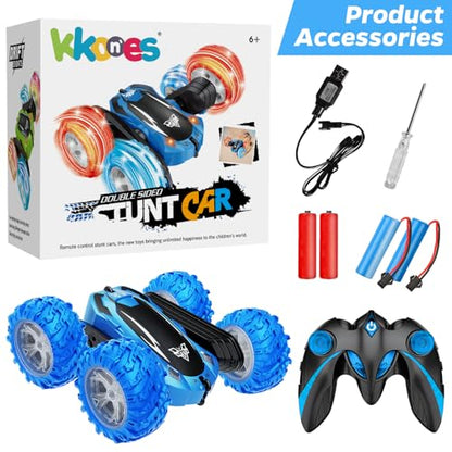 KKONES Remote Control Car, 2.4GHz Double Sided 360° Flips RC Stunt Car | LED Wheels & Headlight 4WD Race Stunt Car, High Speed Off Road Cars Toy Gift for 3 4 5 6 7 8-12 Year Old Boy Toys (Blue) - color: Blue