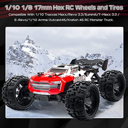 GLOBACT 1/8 1/10 RC Monster Tires 17mm Hex RC Wheels and Tires PreGlued | Preglued RC Tires, Fits TRX E-Revo/T-Maxx/Summit/Kraton/Outcast