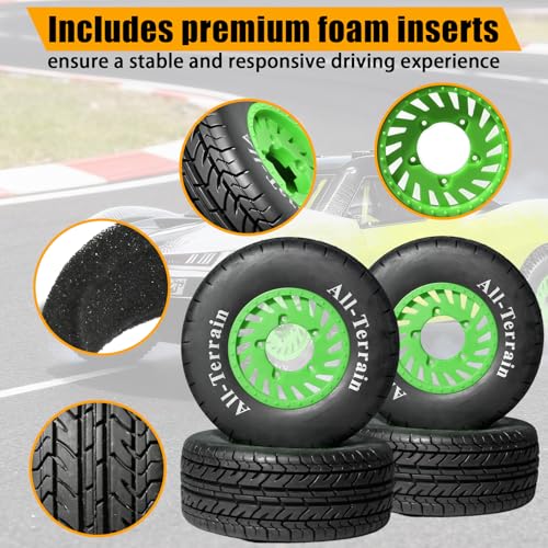 1/10 RC Short Course Truck Rubber Tires & Nylon Rims - 12mm/17mm Hex, Green | All-Terrain Tires and Wheels Compatible with 1/10 Traxxas Slash 4WD 2WD Arrma Senton Axial Losi Redcat RC Buggy, 4-Pack - color: Green
