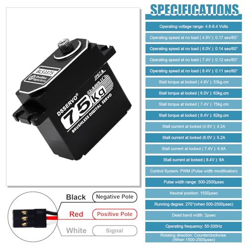 75kg RC Digital Servo with 2PCS 25T Servo Horn Full Aluminum Shell IP67 Waterproof Brushless Servo High Torque Fast Steering Servo for 1/8 1/10 1/12 RC Car, 270° - size: 75kg, 270°